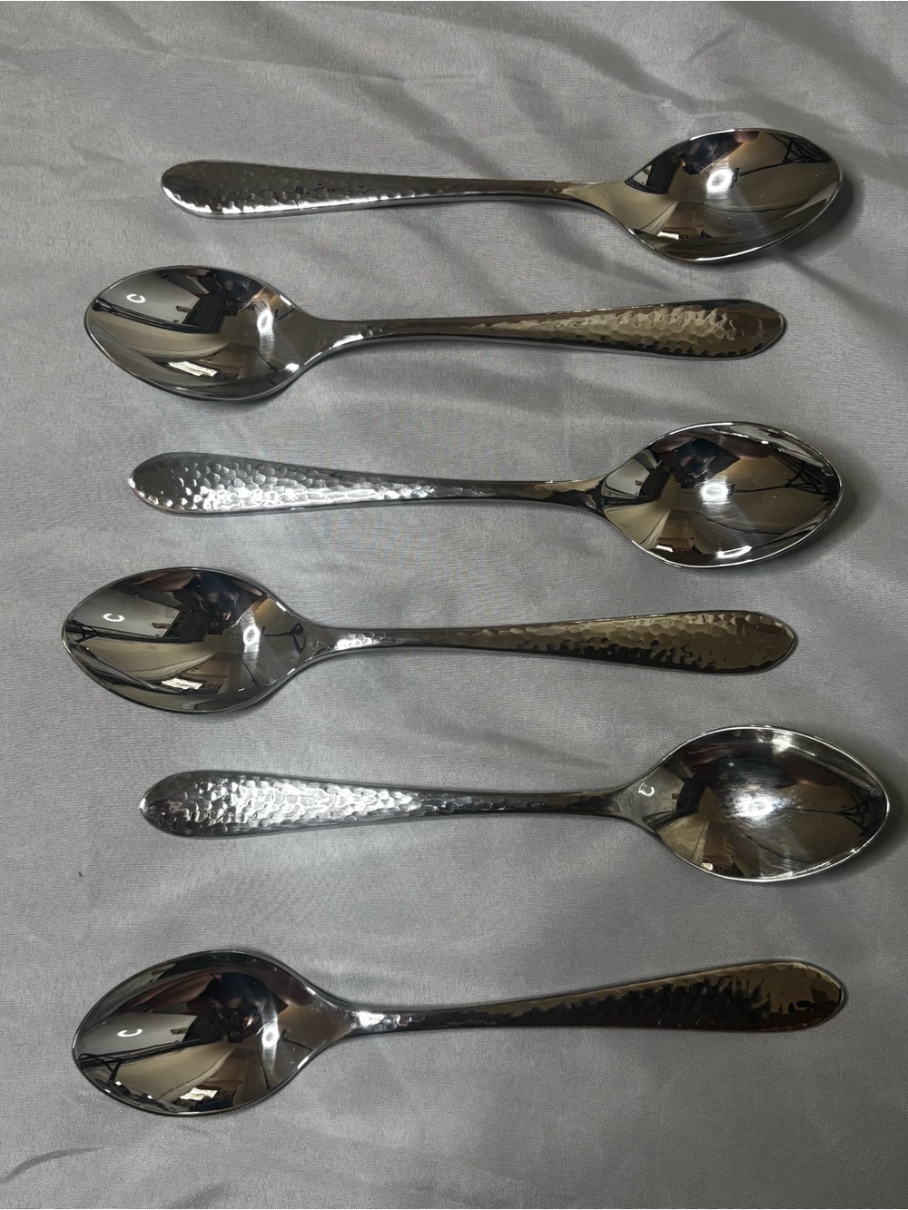 Ginko Lafayette Stainless Flatware 6 Oval Dinner Spoons 18/10 Glossy Hammered